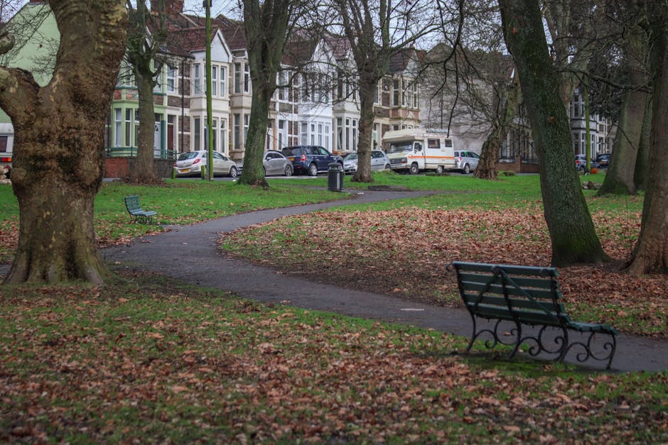 An outdoor park scene during daytime shows a winding paved pathway surrounded by grass and leaf litter, with several large trees with textured bark and broad branches lining the area. In the foreground, there is a green metal park bench with a curved design on the right side of the path, and a similar, smaller bench to the left, both positioned in shaded spots beneath the trees. In the background, there are multiple parked cars along a street adjacent to the park, including a white van and a few smaller vehicles, indicating proximity to residential buildings with Victorian-style bay windows and facades, some painted in pastel shades. The park appears to be part of a residential neighbourhood, and the scene is lit by natural daylight, with some overcast light filtering through the tree branches. The image highlights the typical setting for home relocation planning, with the park serving as a stopping point during the moving process, and the arrangement suggests that [COMPANY_NAME] handles furniture transport and packing logistics in such urban environments.